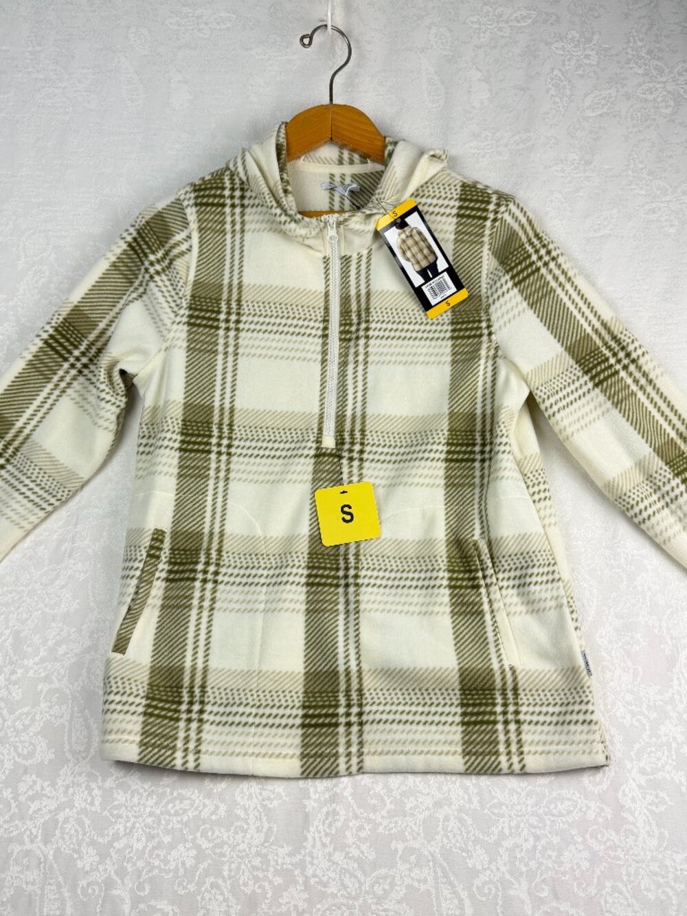 O'Neill Women’s Small Plaid Fleece Half Zip Hoodie Cream Olive Green NWT